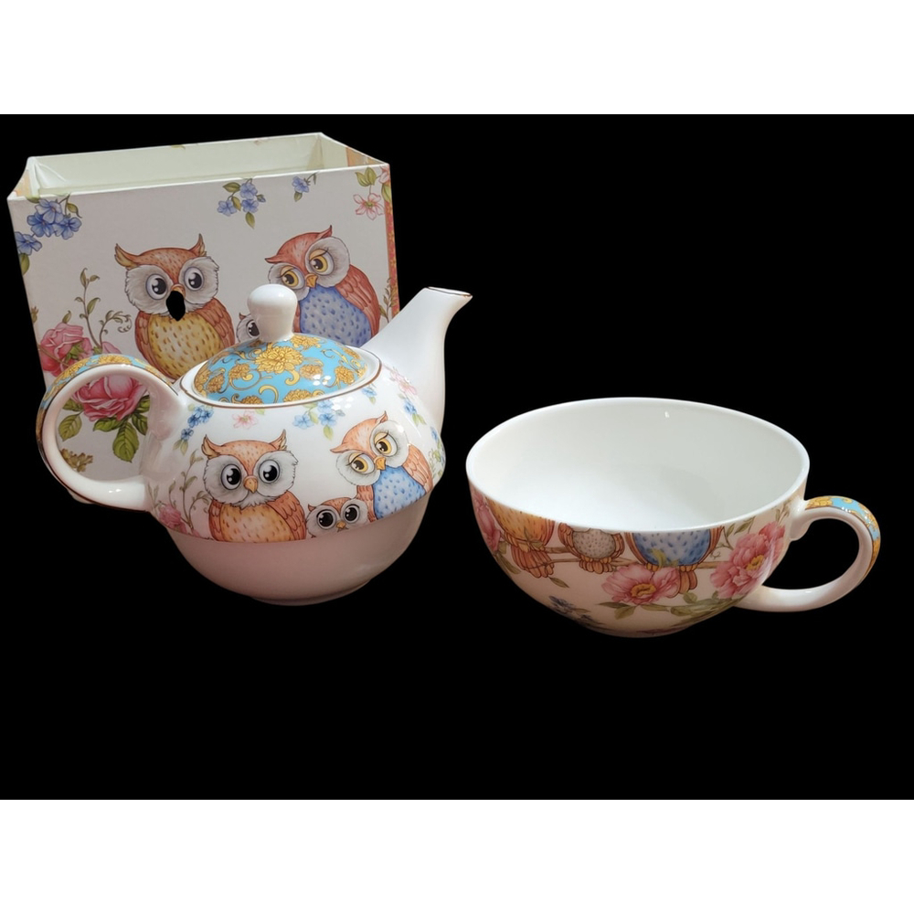 Whimsical and cute! Tea Set For One Owls Nesting Porcelain Teapot and Cup w/ box - Picture 8 of 11